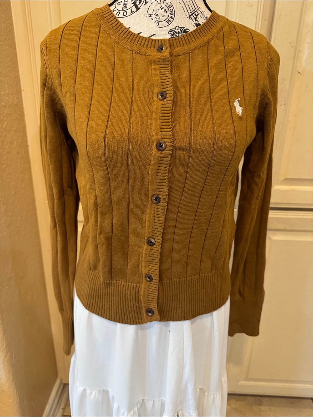Ralph Lauren Women's Ribbed Button Cardigan in Mustard Brown